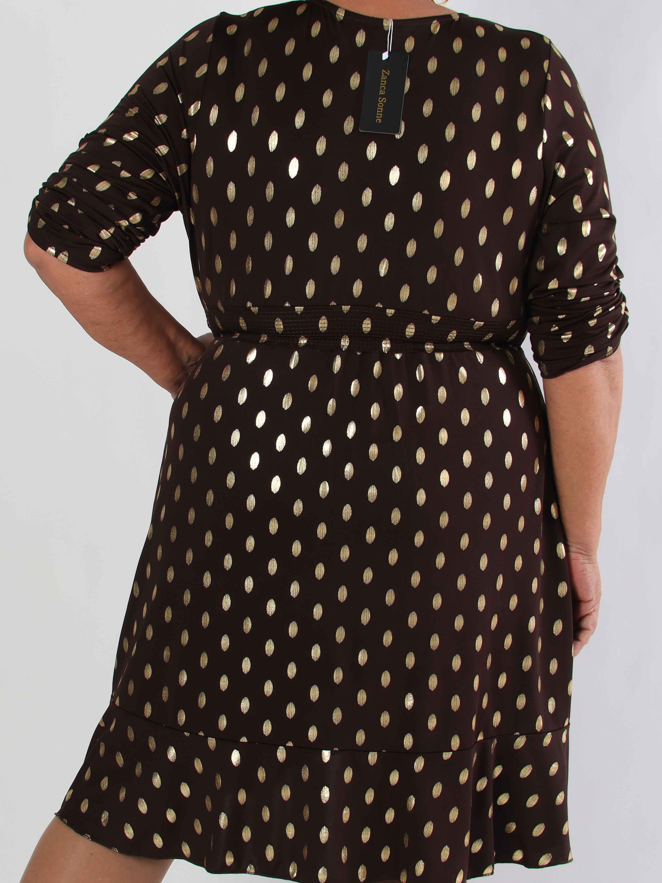 Savina Gold - Elastisk plus size kjole i slå-om-look med guld dutter